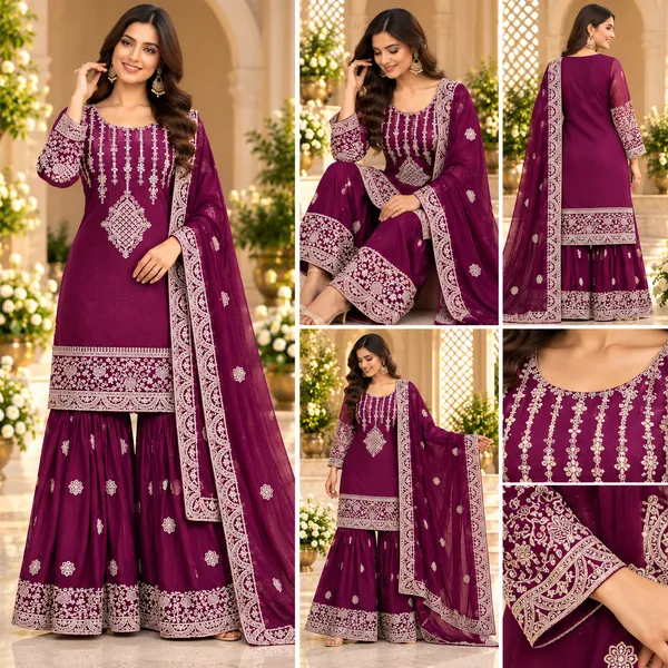 Wine_Corded_And_Stone_Work_Silk_Gharara__Set_For_Women
