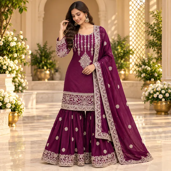 Wine_Corded_And_Stone_Work_Silk_Gharara__Set_For_Women