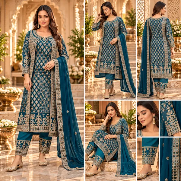 Blue_Georgette_Jacket_Pant_Set_For_Women