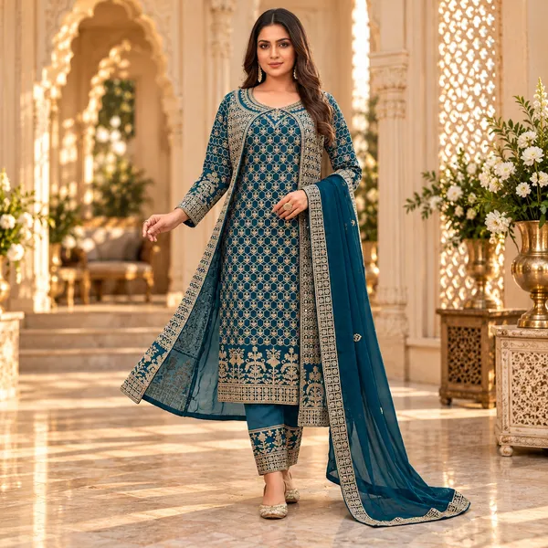 Blue_Georgette_Jacket_Pant_Set_For_Women