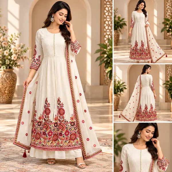 White_Multi-Colour_Georgette_Indo-Western_Plazo__Set_For_Women