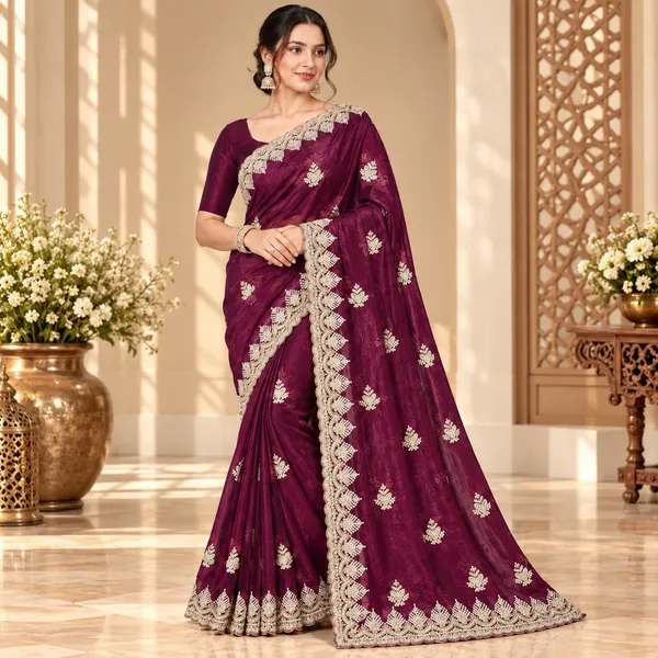 Wine_Vichitra_Saree_With_Blouse_Piece_For_women