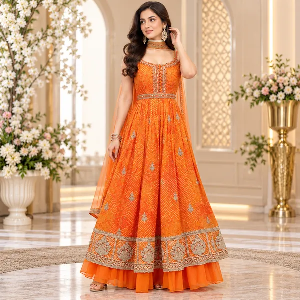 Orange_Rust_Georgette_Indo-Western_Plazo__Set_For_Women
