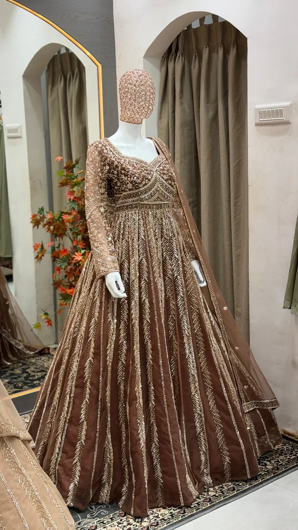 Brown_Cotton_Gown_And_Dupatta_For_Women