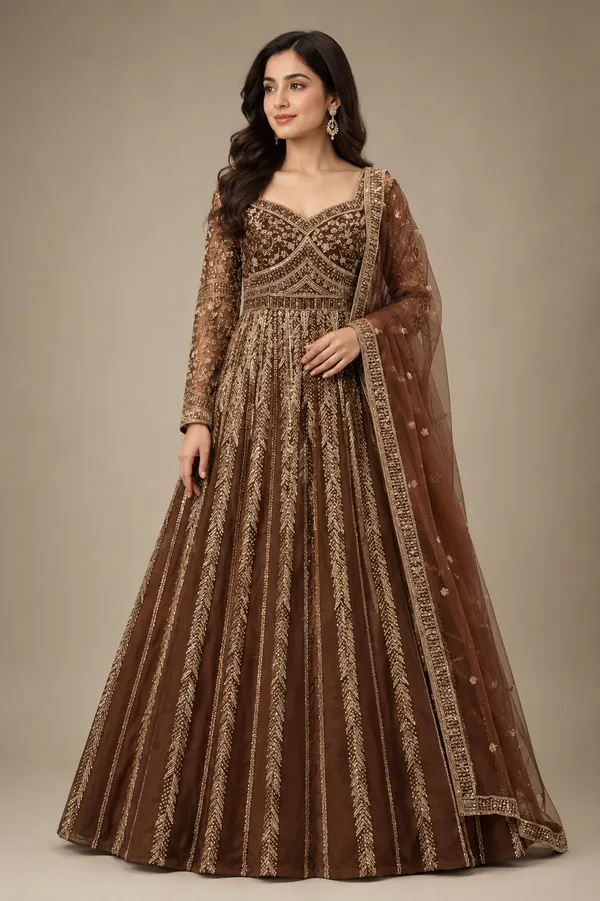 Brown_Cotton_Gown_And_Dupatta_For_Women