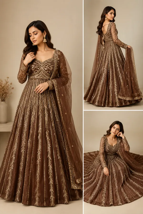 Brown_Cotton_Gown_And_Dupatta_For_Women