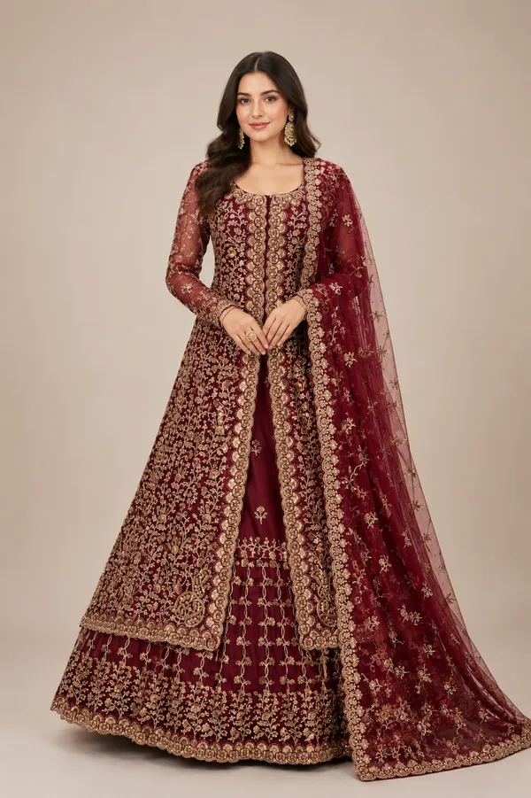 Marron_Cotton_Gown_And_Dupatta_For_Women
