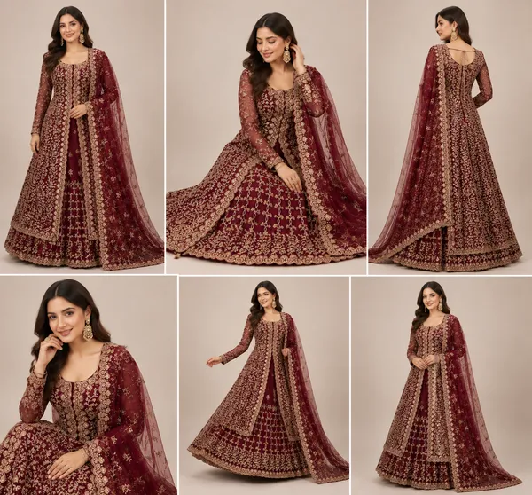 Marron_Cotton_Gown_And_Dupatta_For_Women