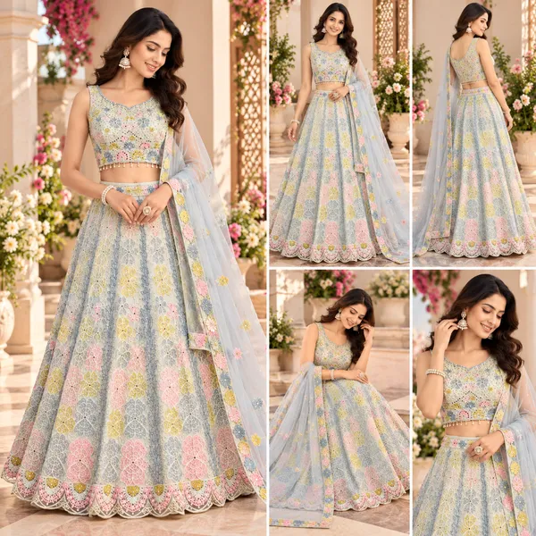 Multicolor_Embroided_Net_Lehenga_Blouse_And_Dupatta_For_Women