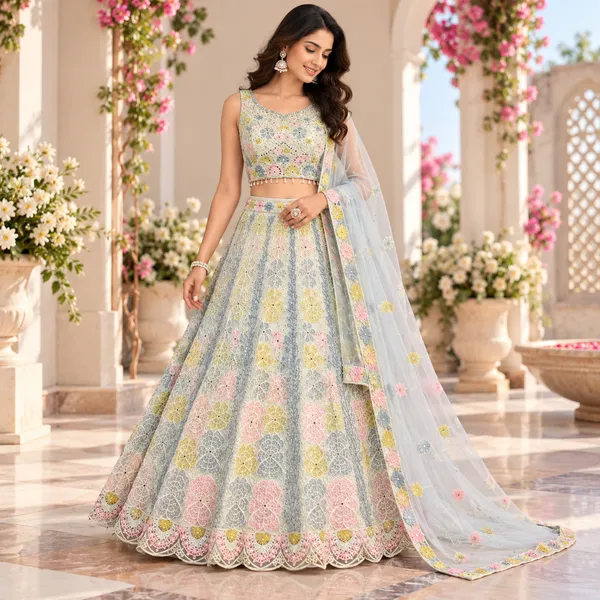 Multicolor_Embroided_Net_Lehenga_Blouse_And_Dupatta_For_Women