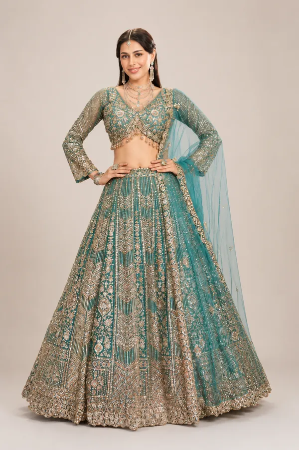 Firozi_Net_Beats_Work_Lehenga_Blouse_And_Dupatta_For_Women