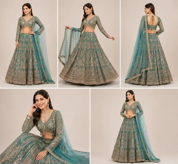Firozi_Net_Beats_Work_Lehenga_Blouse_And_Dupatta_For_Women