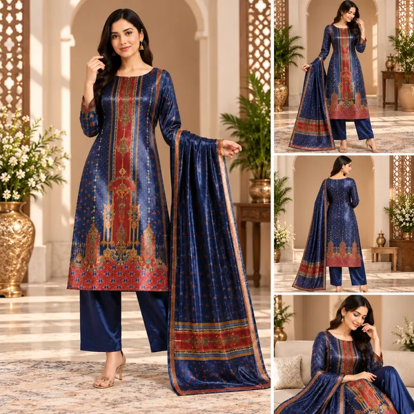 Blue_Printed_Vichitra_Silk_Kurta_Set_For_Women