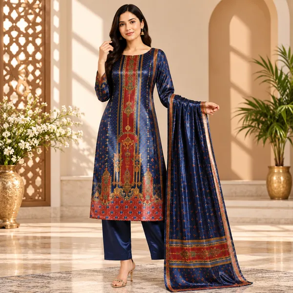 Blue_Printed_Vichitra_Silk_Kurta_Set_For_Women