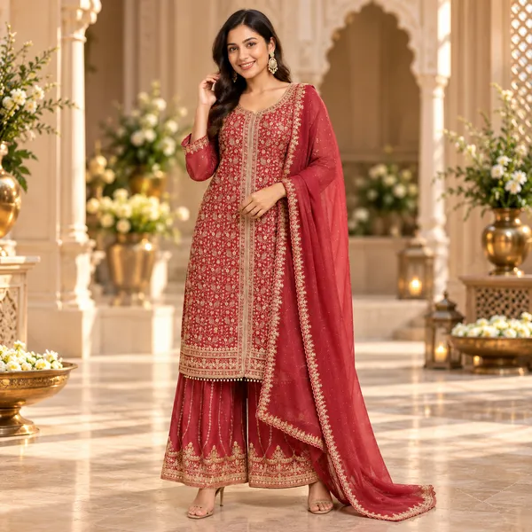Rust_Zari_Work__Georgette_Plazo_Set_For_Women