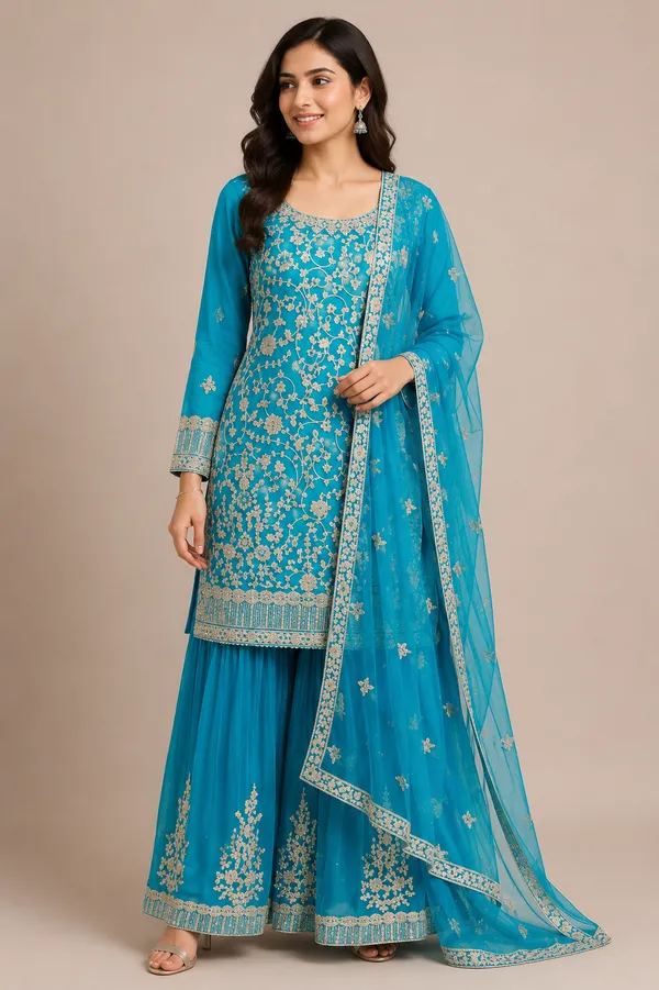 Blue_Net_Kurta_Set_For_Women