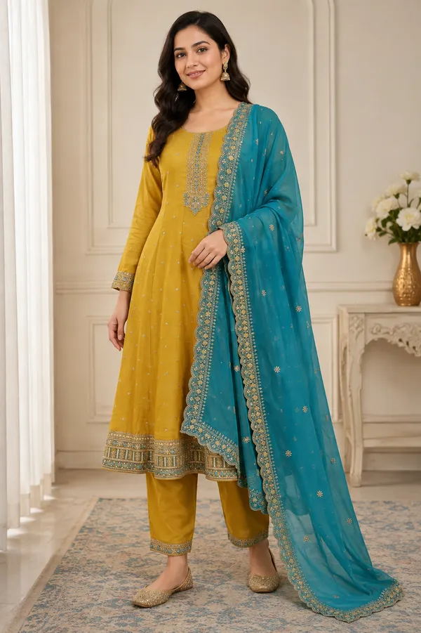 Lemon_Yellow_Vichitra_Anarkali_With_Contrast_Dupatta_Top_Pant_Dupatta_Set_For_Women