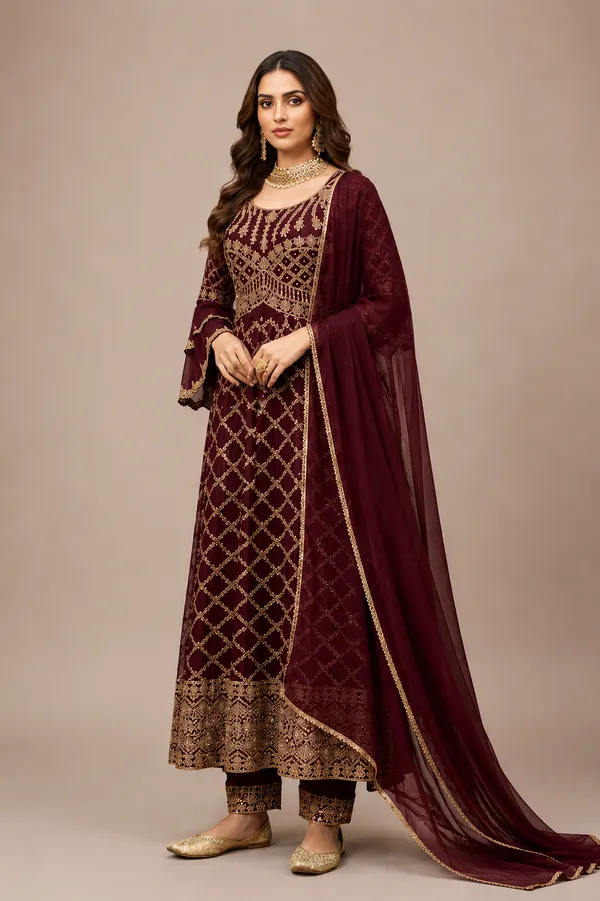 Wine_Georgette_Kurta_Set_For_Women