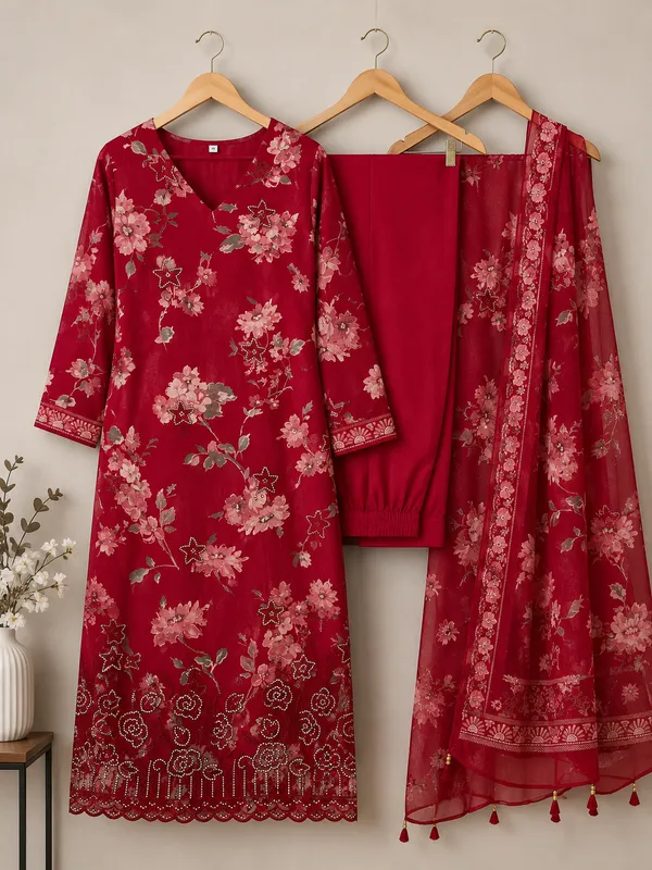 Red_Cotton_Unstitched_Kurta_Set_For_women