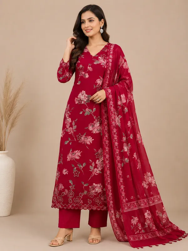Red_Cotton_Unstitched_Kurta_Set_For_women