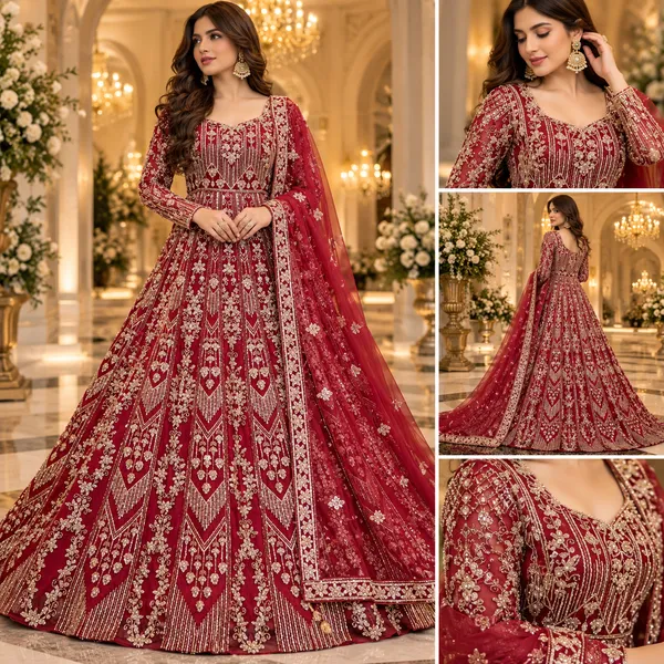 Red_Bridal_Net_Gown_And_Dupatta_For_Women