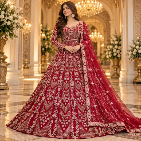 Red_Bridal_Net_Gown_And_Dupatta_For_Women