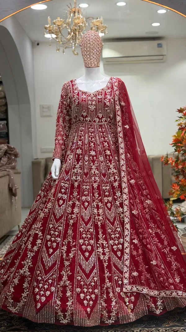 Red_Bridal_Net_Gown_And_Dupatta_For_Women