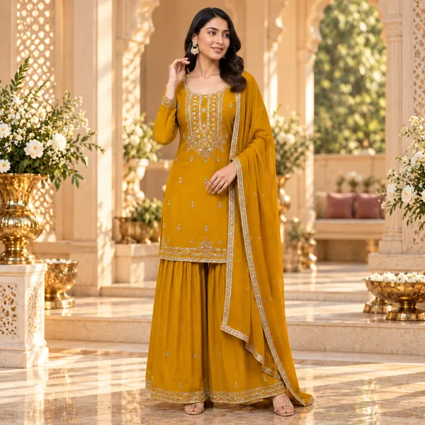 Yellow_Vichitra_Hand_Work_Gharara_Set_For_Women