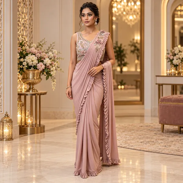 Rose_Pink_Lycra_Readymade_Saree__And_Blouse__For_women