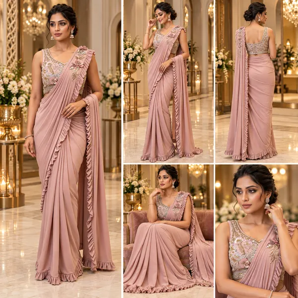 Rose_Pink_Lycra_Readymade_Saree__And_Blouse__For_women