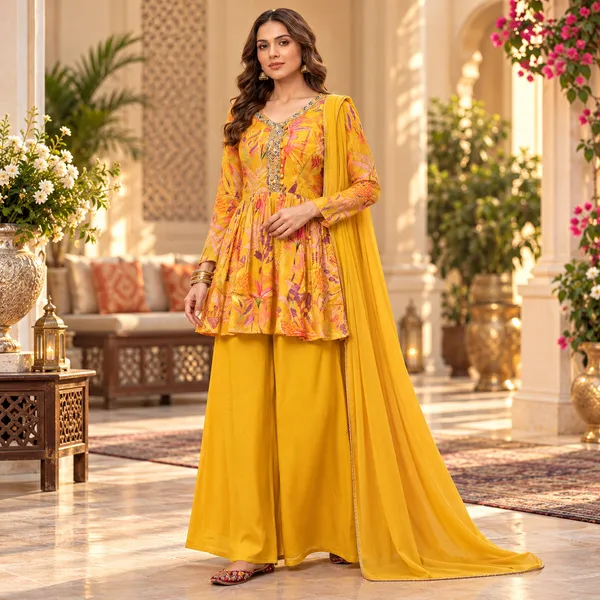 Yellow_Printed_Silk_Plazo___Set_For_Women