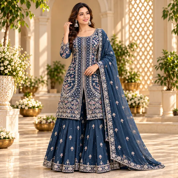 Blue_Vichitra_Plazo_Set_For_Women
