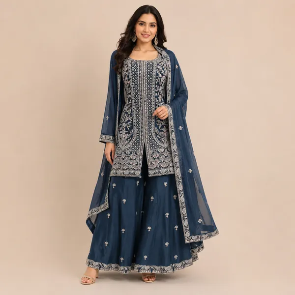 Blue_Vichitra_Kurta_Set_For_Women