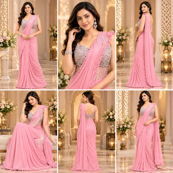 Pink_Lycra_Readymade__Saree_And_Blouse__For_women