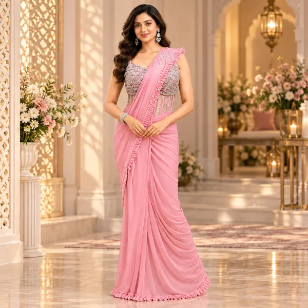 Pink_Lycra_Readymade__Saree_And_Blouse__For_women