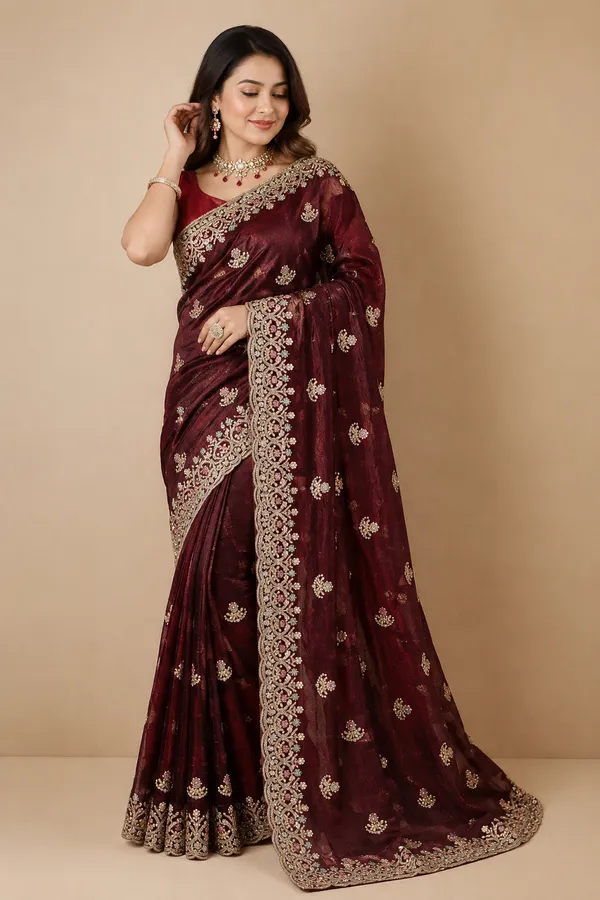 Marron_Vichitra_Saree_With_Blouse_Piece_For_women