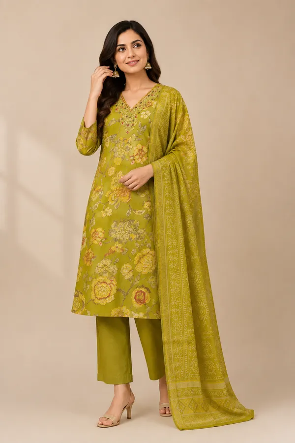 Green_Cotton_Kurta_Set_For_Women