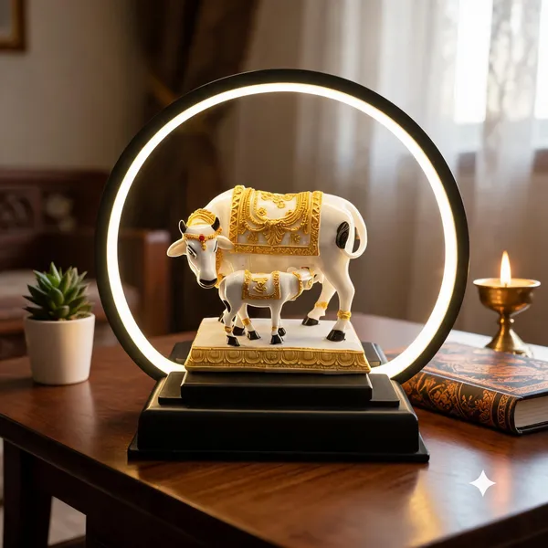 White_Cow_And_Calf_Decorative_Idol_With_LED_Ring