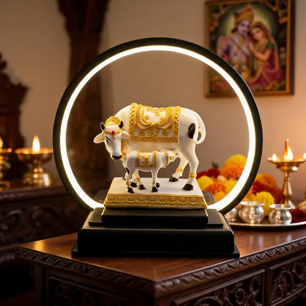 White_Cow_And_Calf_Decorative_Idol_With_LED_Ring