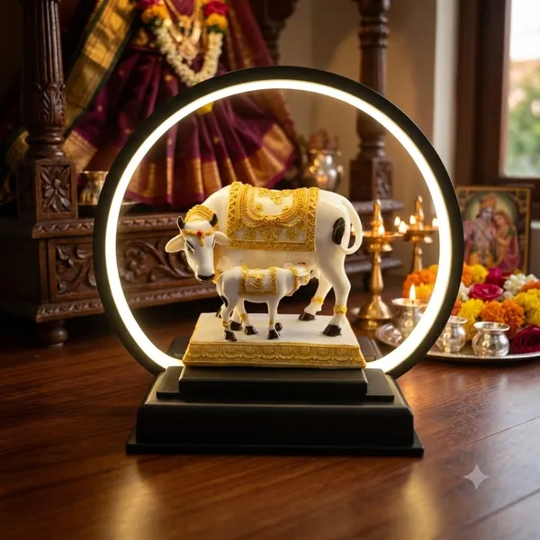 White_Cow_And_Calf_Decorative_Idol_With_LED_Ring