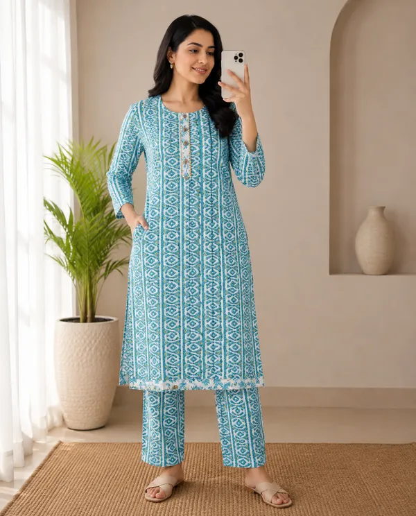 Turquoise_Cotton_Straight_Geometric_Print_Kurta_Set_For_Women
