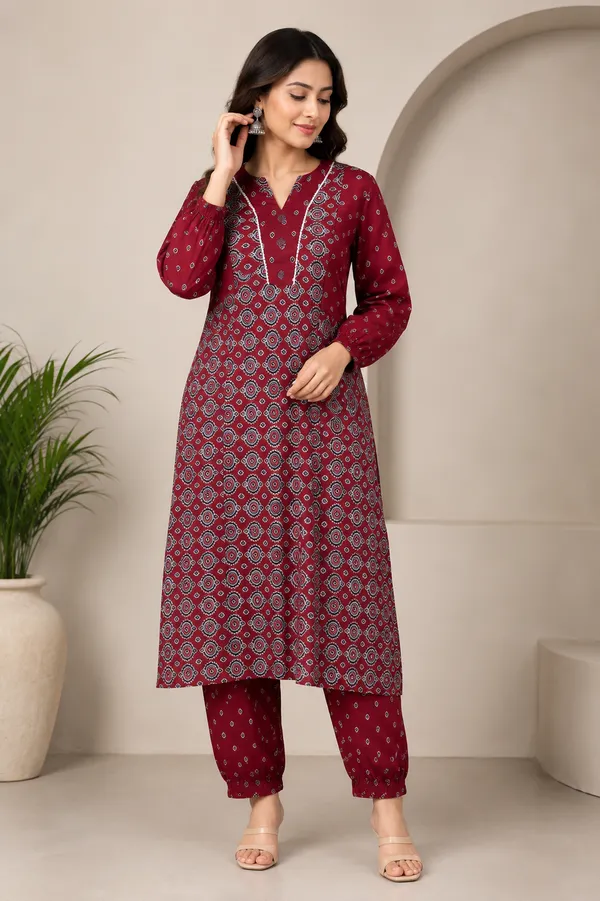 Maroon_Cotton_Straight_Geometric_Print_Kurta_Set_For_Women