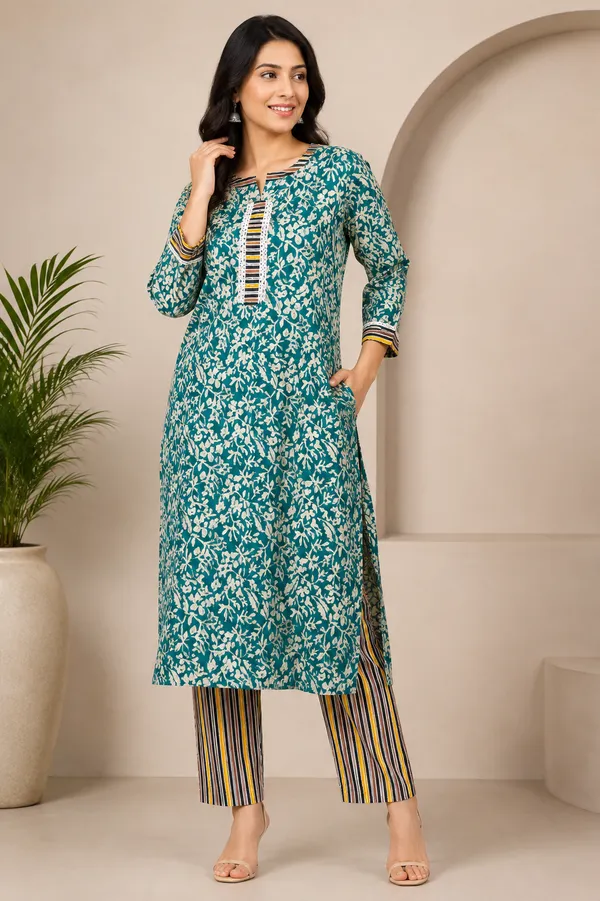 Teal_Cotton_Straight_Floral_Print_Kurta_Set_For_Women