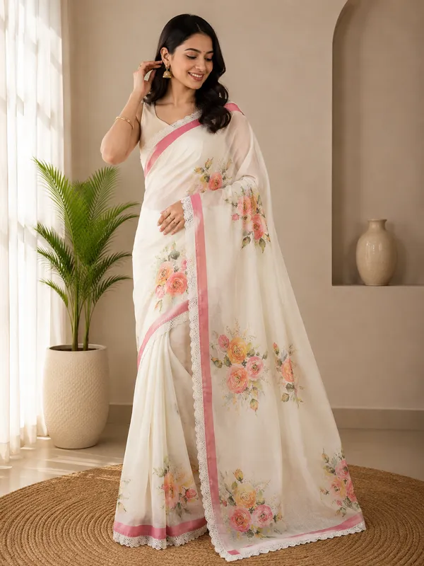 Cream_Cotton_Floral_Print_Saree_For_Women