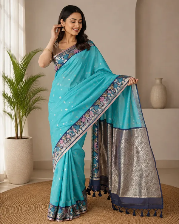 Turquoise_Cotton_Woven_Floral_Border_Saree_For_Women