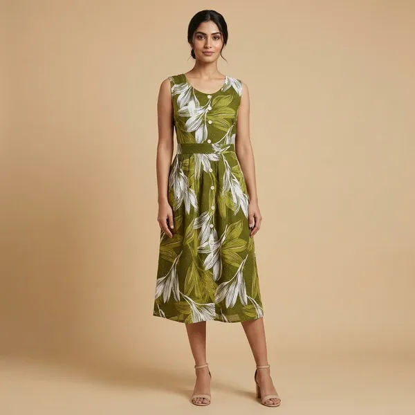 Olive_Green_Cotton_Sleeveless_Fit_And_Flare_Dress_For_Women