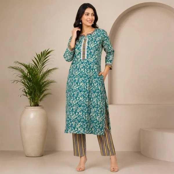 Teal_Cotton_Straight_Floral_Print_Kurta_Set_For_Women