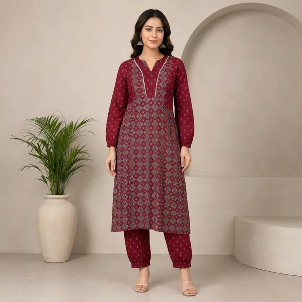Maroon_Cotton_Straight_Geometric_Print_Kurta_Set_For_Women
