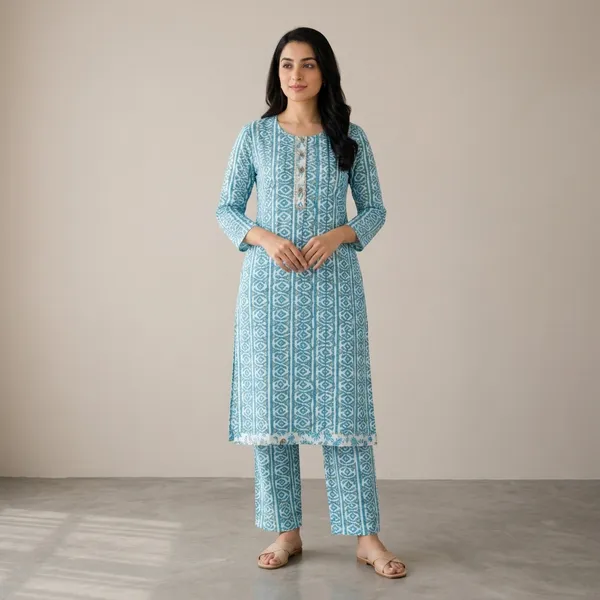 Turquoise_Cotton_Straight_Geometric_Print_Kurta_Set_For_Women