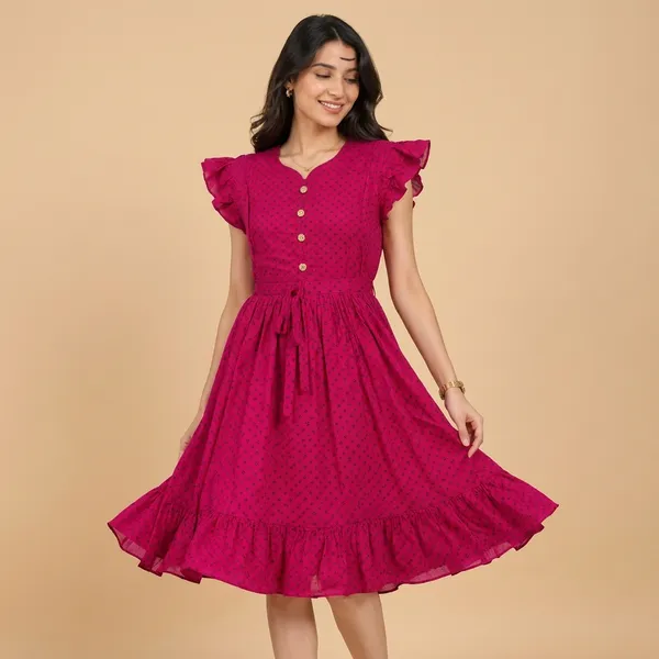 Pink_Cotton_Ruffle_Sleeve_Printed_Dress_For_Women